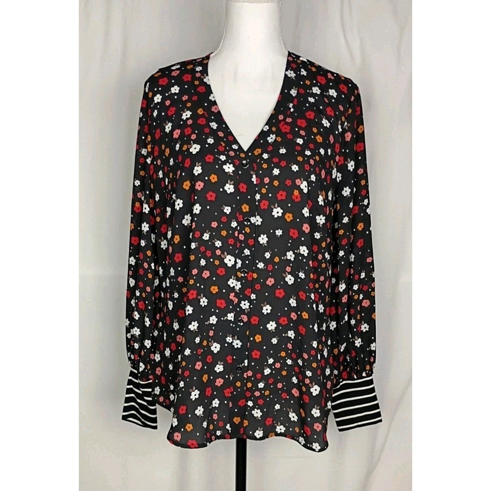 Cabi Cheerful Blouse SZ M Black Floral V- Neck Stripe Cuf Botton Top #3957